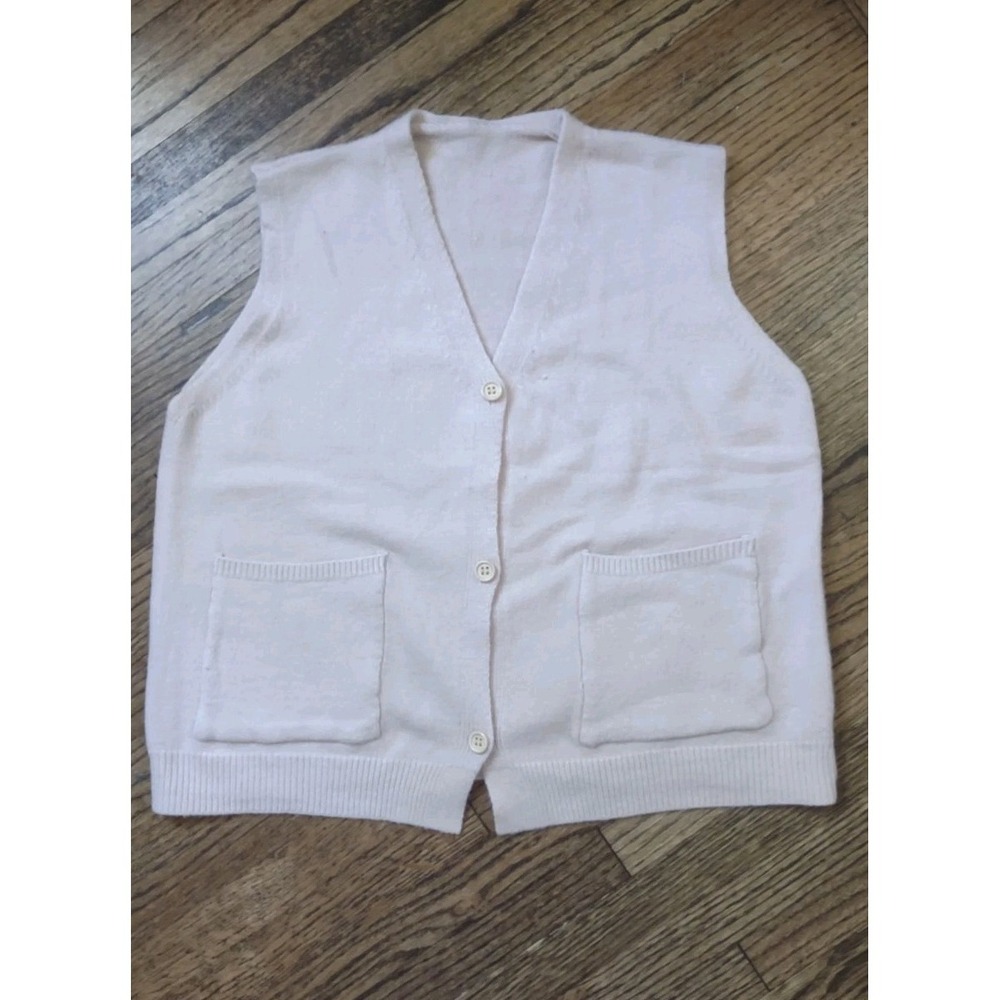 Vintage Pink Sleeveless Knit Cardigan Sweater Vest V-Neck Pockets Soft Cozy